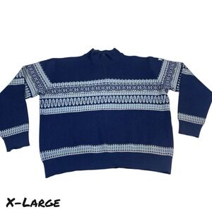 VTG Wool Sweater Men's XL Blue White Nordic 100% Rocky Mountain Wool 80s 90s